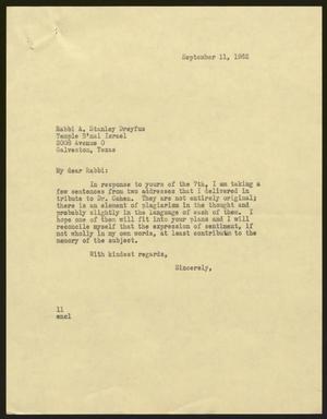 [Letter from Isaac H. Kempner to A. Stanley Dreyfus, September 11, 1962]