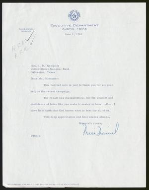 [Letter from Price Daniel to I. H. Kempner, June 1, 1962]