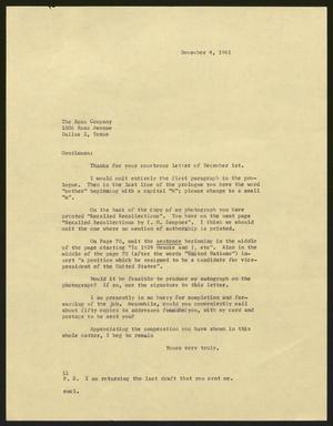 [Letter from Isaac H. Kempner to The Egan Company, December 4, 1961]