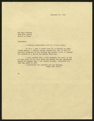 [Letter from Isaac H. Kempner to The Egan Company, November 27, 1961]
