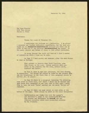 [Letter from I. H. Kempner to The Egan Company, November 10, 1961]
