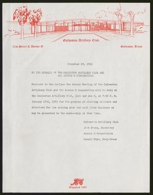 [Letter from Galveston Artillery Club, December 28, 1962]