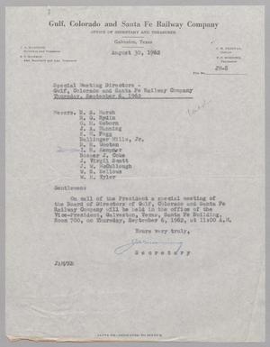 [Letter from Gulf, Colorado, and Santa Fe Railway Company, August 30, 1962]
