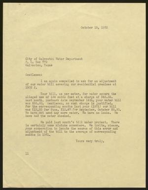 [Letter from Isaac H. Kempner to the Galveston Water Department, October 15, 1962]