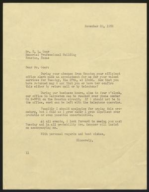 [Letter from Isaac H. Kempner to E. L. Goar, November 20, 1962]