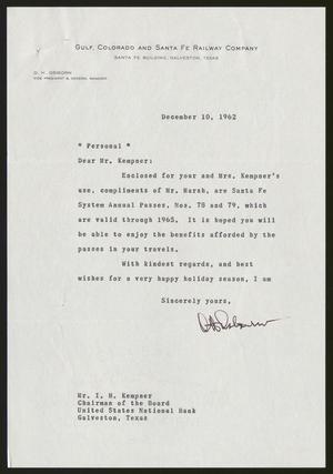 [Letter from O. H. Osborn to Isaac H. Kempner, December 10, 1962]