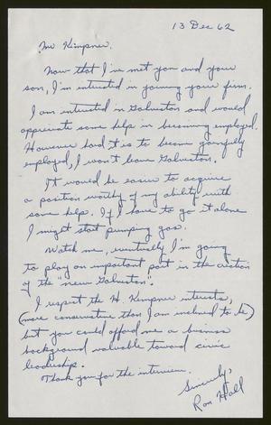 [Letter from Ron Hall to I. H. Kempner, December 13, 1962]