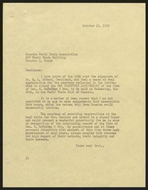 [Letter from Isaac H. Kempner to the Houston World Trade Association, October 16, 1962]