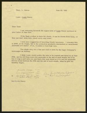 [Letter from I. H. Kempner to Thomas L. James, June 22, 1962]