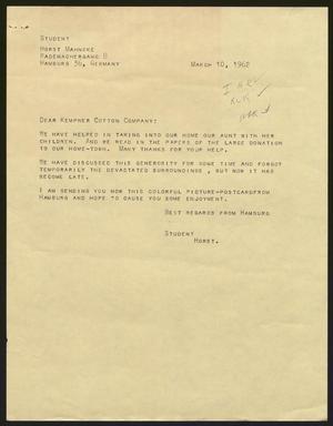 [Letter from Horst Mahncke to the Kempner Cotton Company, March 10, 1962]