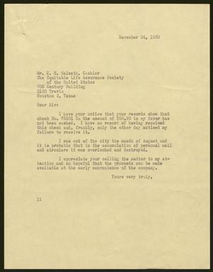 [Letter from I. H. Kempner to C. B. Halseth, November 24, 1962]