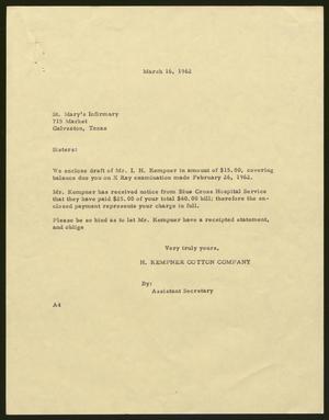 [Letter from H. Kempner Cotton Company to St. Mary's Infirmary, March 16, 1962]