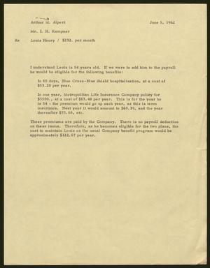 [Letter from I. H. Kempner to Arthur M. Alpert, June 5, 1962]