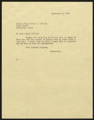 [Letter from Isaac Herbert Kempner to Peter J. LaValle, September 8, 1962]