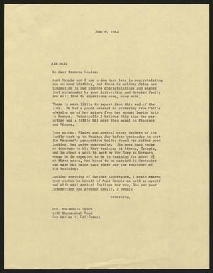 Primary view of object titled '[Letter from I. H. Kempner to Frances Louise Adoue Lynch, June 4, 1962]'.