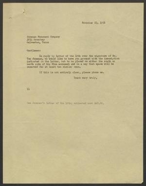 [Letter from I. H. Kempner to Juneman Monument Company, November 23, 1956]