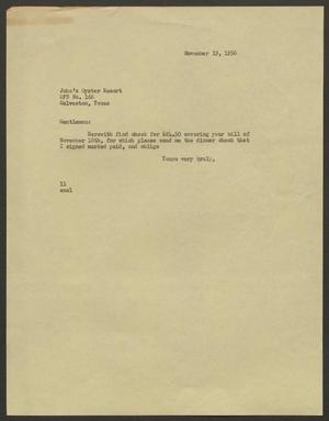[Letter from Isaac Herbert Kempner to John's Oyster Resort, November 19, 1956]