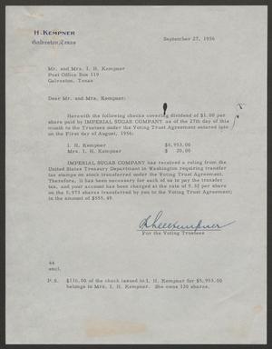 Primary view of object titled '[Letter from A. H. Blackshear, Jr. to Mr. and Mrs. I. H. Kempner, September 27, 1956]'.