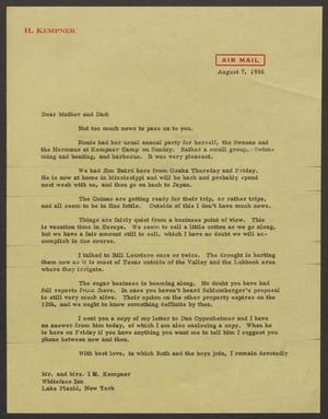 [Letter from I. H. Kempner, Jr., to Mr. and Mrs. I. H. Kempner, August 7, 1956]