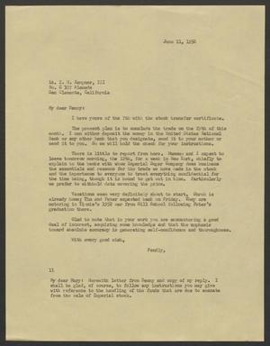 Primary view of object titled '[Letter from I. H. Kempner to Denny Kempner, June 11, 1956]'.