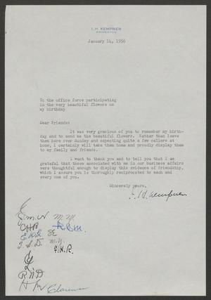 [Letter from I. H. Kempner to his office, January 14, 1956]