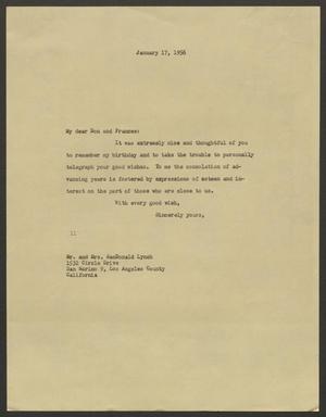 [Letter from Isaac H. Kempner to MacDonald and Frances Lynch, January 17, 1956]