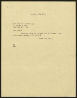 [Letter from Isaac H. Kempner to New York Cotton Exchange, December 10, 1962]