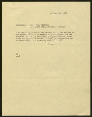 [Memorandum from I. H. Kempner to Mrs. John Northrup, October 23, 1962]