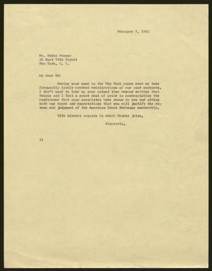 [Letter from Isaac H. Kempner to Edwin Posner February 7, 1962]