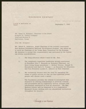 [Letter from Lloyd M. Bentsen to Isaac H. Kempner, September 7, 1962]