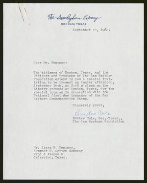 Primary view of object titled '[Letter from Buster Cole to Isaac H. Kempner, September 10, 1962]'.
