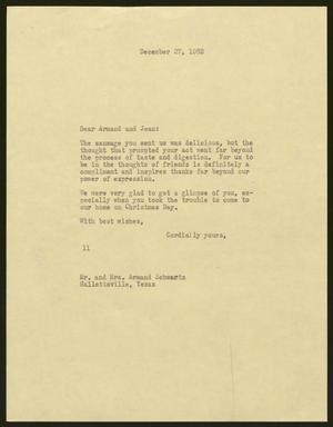 [Letter from I. H. Kempner to Armand and Jean Schwartz, December 27, 1962]