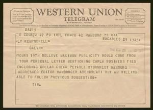 [Telegram from Tim to Kempner, February 23, 1962]