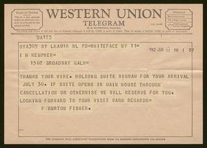 [Telegram from F. Burton Fisher to Isaac H. Kempner, June 11, 1962]