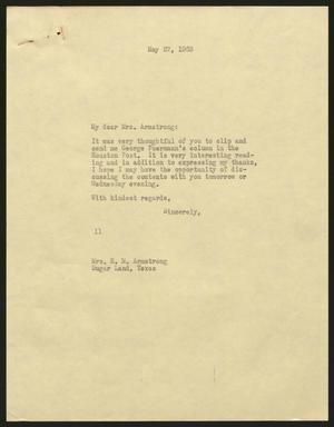 [Letter from Isaac H. Kempner to R. M. Armstrong, May 27, 1963]