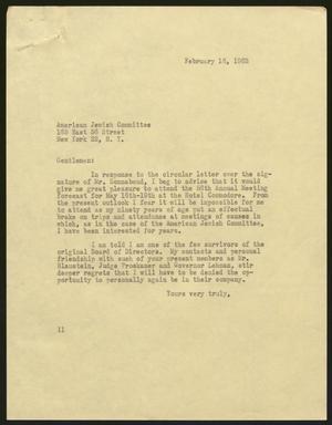 [Letter from Isaac H. Kempner to American Jewish Committee, February 16 1963]