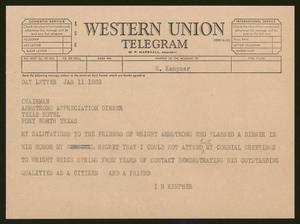 [Telegram from Isaac H. Kempner to Chairman at Armstrong Appreciation Dinner, January 11, 1963]