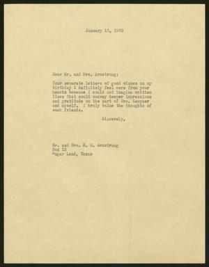 [Letter from Isaac H. Kempner to Mr. and Mrs. R. W. Armstrong, January 16, 1963]