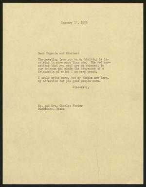 [Letter from Isaac H. Kempner to Charles and Eugenia Fowler, January 17, 1963]