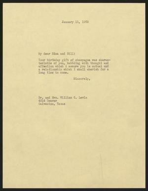 [Letter from I. H. Kempner to Dr. and Mrs. William C. Levin, January 15, 1963]