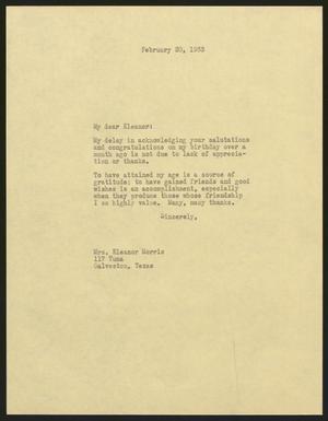 [Letter from Isaac H. Kempner to Eleanor Morris, February 20, 1963]