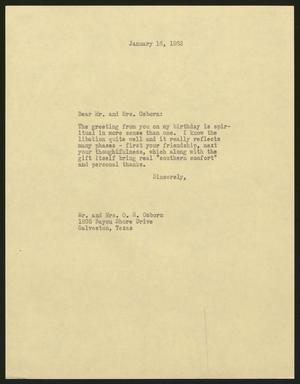 [Letter from I. H. Kempner to Mr. and Mrs. O. H. Osborn, January 16, 1963]