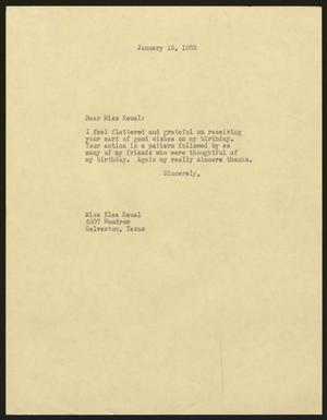 [Letter from I. H. Kempner to Miss Else Reuel, January 15, 1963]