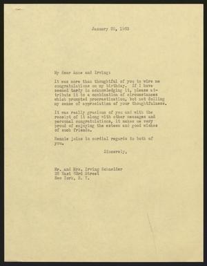 [Letter from I. H. Kempner to Anne and Irving Schneider, January 29, 1963]