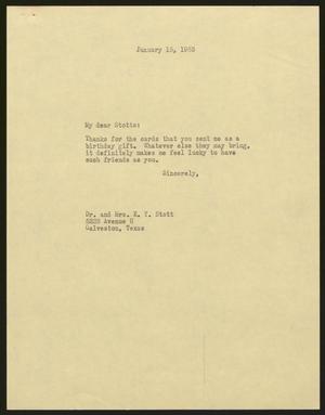 [Letter from I. H. Kempner to Dr. and Mrs. Emerson Y. Stott, January 15, 1963]
