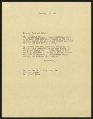 [Letter from I. H. Kempner to Joan and Albert O. Singleton, Jr., January 15, 1963]