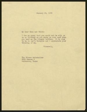 [Letter from I. H. Kempner to Emma and Edith Seinsheimer, January 16, 1963]