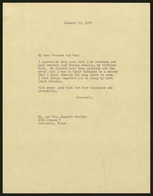 [Letter from I. H. Kempner to Frances and Ken Shelton, January 18, 1963]