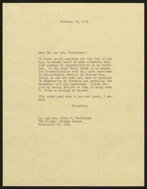 [Letter from I. H. Kempner to Mr. and Mrs. Irvin F. Westheimer, February 26, 1963]