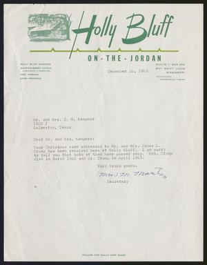 Primary view of object titled '[Letter from M. Martz to Mr. and Mrs. I. H. Kempner, December 16, 1963]'.